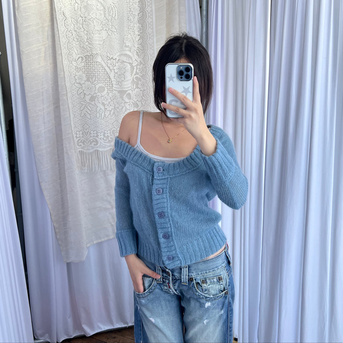 Burberry Blue Label Muted Blue Mohair Blend Crop Bolero Cardigan