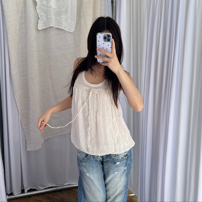 Miss Sixty White Ribbed Puff Hem Mixed Material Blouson Vest Top