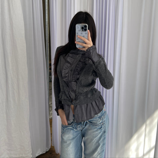 Fantasie Purple Grey Wool Blend High Neck Ruffle Collar Satin Blouse Knit Cardigan Two in One Top