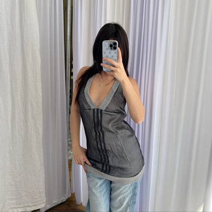 Vintage Grey Einstein Silk V Neck Jersey Strap Top