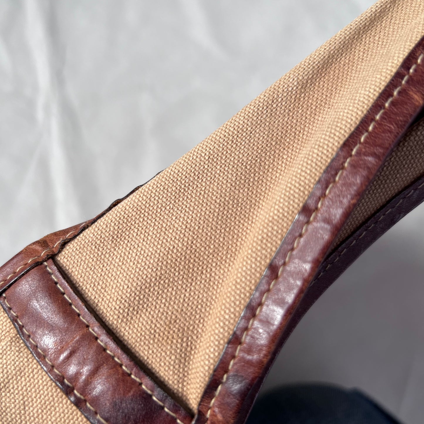 Vintage E.b.agos Tan Brown Beige Trench Style Leather Accent Buckle Strap Shoulder Bag