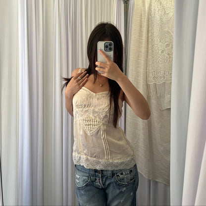 Jill Stuart Ivory Silk Blend Romantic Lace Pleat Cut Out Fitted Camisole
