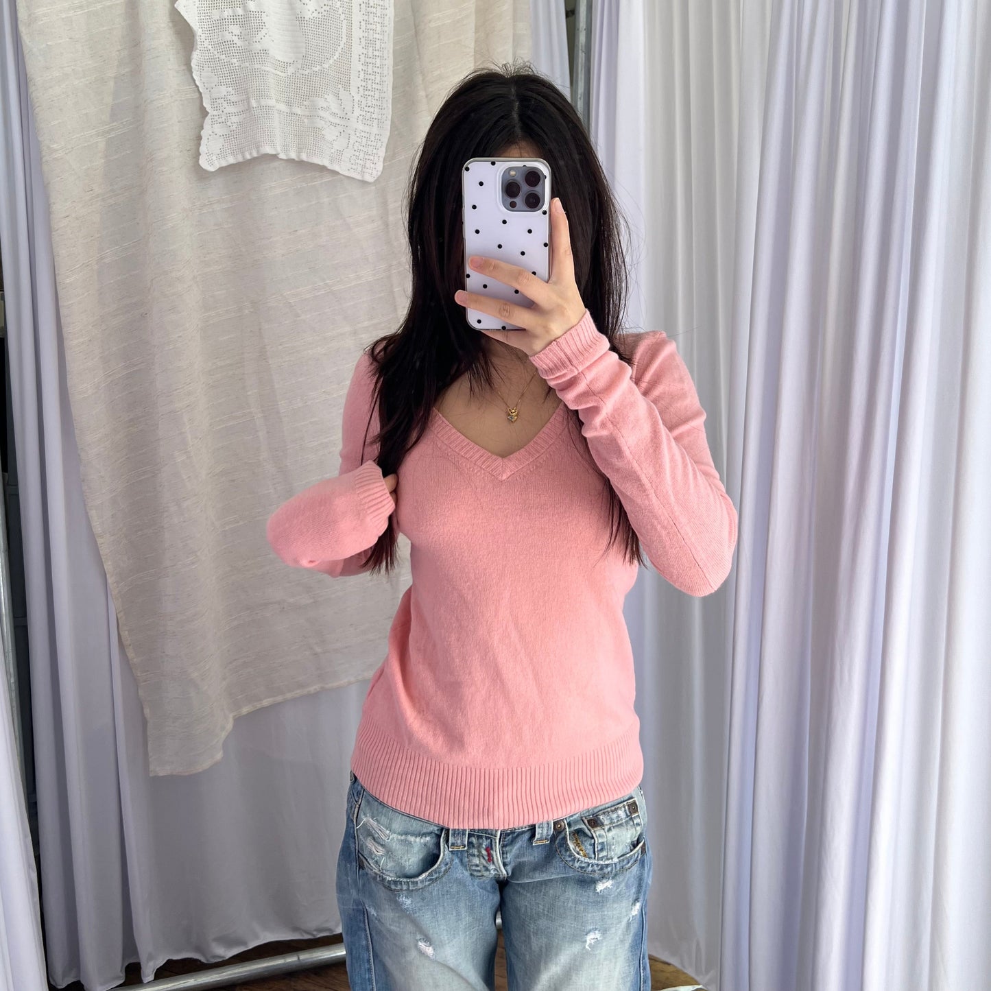 Pink Burberry Blue Label Wool Knit V Neck Sweater