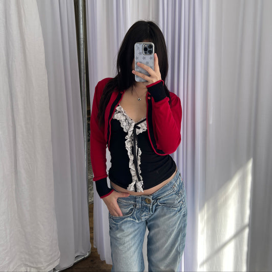 Opl Red Black Ribbed Crop Mandarin Collar Bolero Cardigan