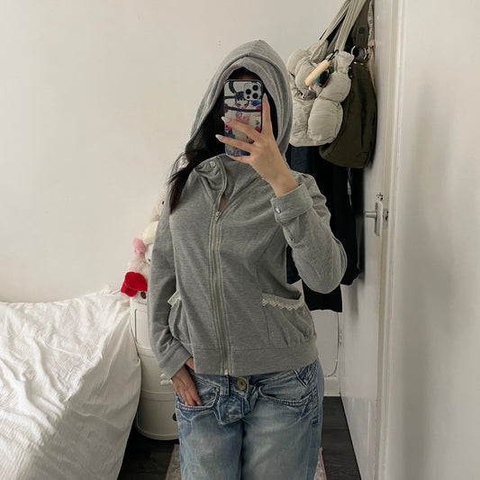 coquette grey asymmetric axes femmes white lace zip hoodie jacket