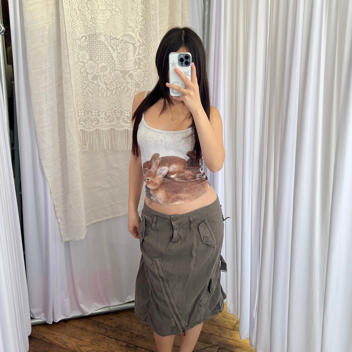 Ab/Soul Khaki Brown Asymmetric Zip Puff Hem Utility Midi Skirt