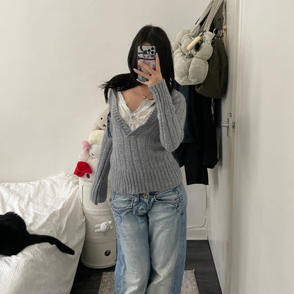 cop copine grey ribbed wool blend milkmaid hooded knit jumper