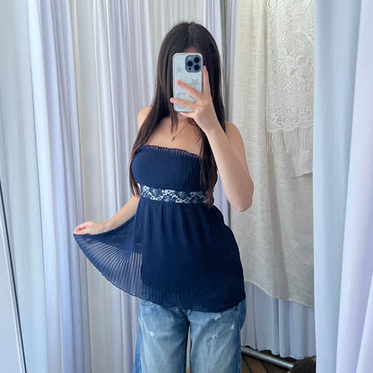 Intimissimi Navy Pleated Lace Ribbon Flared Sleeveless Bandeau Top