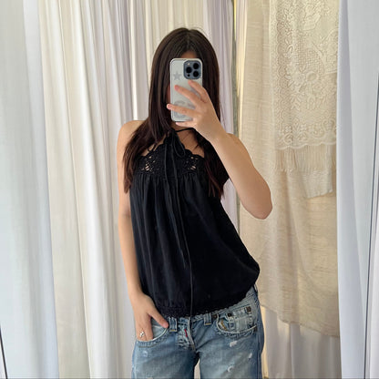 Yamamay Black Eurosummer Crochet Lace Halter Neck Babydoll Tunic Camisole