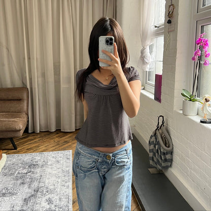 promod black taupe draped puff sleeve tunic blouse top