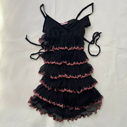 Black Silk Mauve Pink Trim Ruffle Tiered Mini Dress