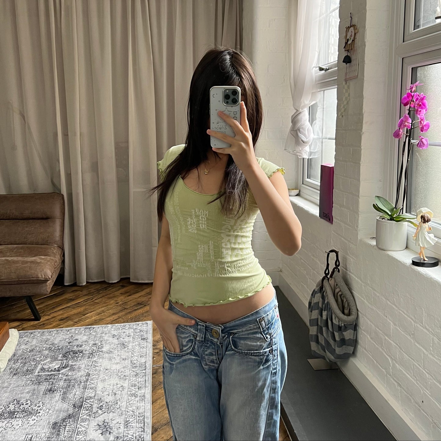 light spring green marithe francois girbaud text graphic fitted short sleeve top