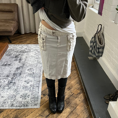 roberto cavalli white cargo denim pleated buckle knee length skirt