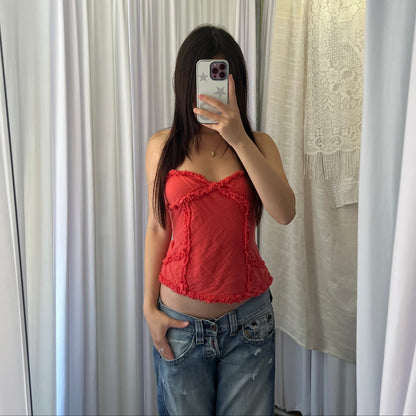 Blood Orange Ruffle Linen Like Lace Up Corset Camisole