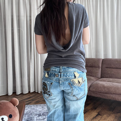 PDK Faded Purple Grey Neck Draped Short Sleeve Sweatshirt