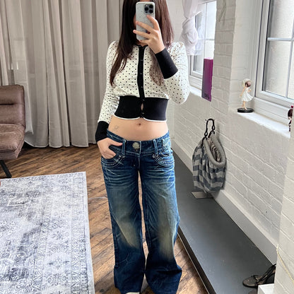 red pepper medium wash denim low mid rise distressed star wide leg trousers