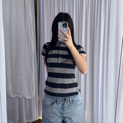 Burberry Blue Label Preppy Black Grey Striped Puff Sleeve Collared Polo Shirt