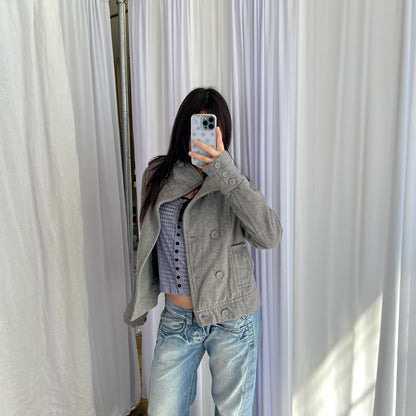 Vintage Bizzbee Grey Funnel Collar High Neck Double Breasted Bombed Pea Coat