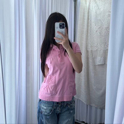 Pink Bape Cap Sleeve Ruched Crop Babydoll Tunic Hoodie