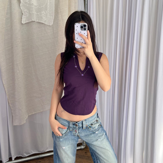 90s Morgan De Toi Dark Purple Sequin Stud V Neck Vest Top