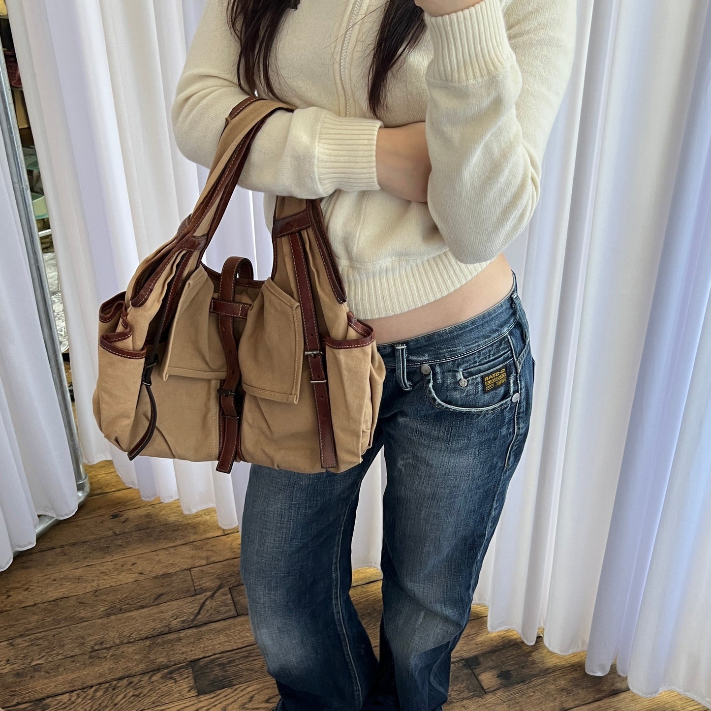 Vintage E.b.agos Tan Brown Beige Trench Style Leather Accent Buckle Strap Shoulder Bag