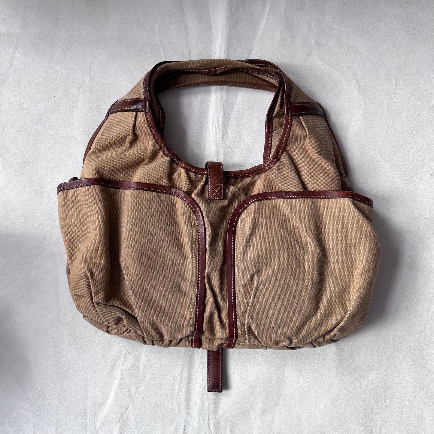 Vintage E.b.agos Tan Brown Beige Trench Style Leather Accent Buckle Strap Shoulder Bag