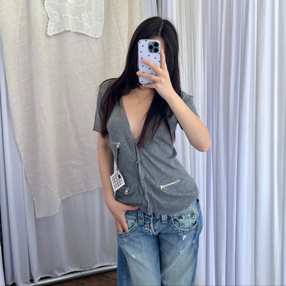 Grey Cop Copine White Ornate Graphic Zip Pocket Short Sleeve Cardigan Top