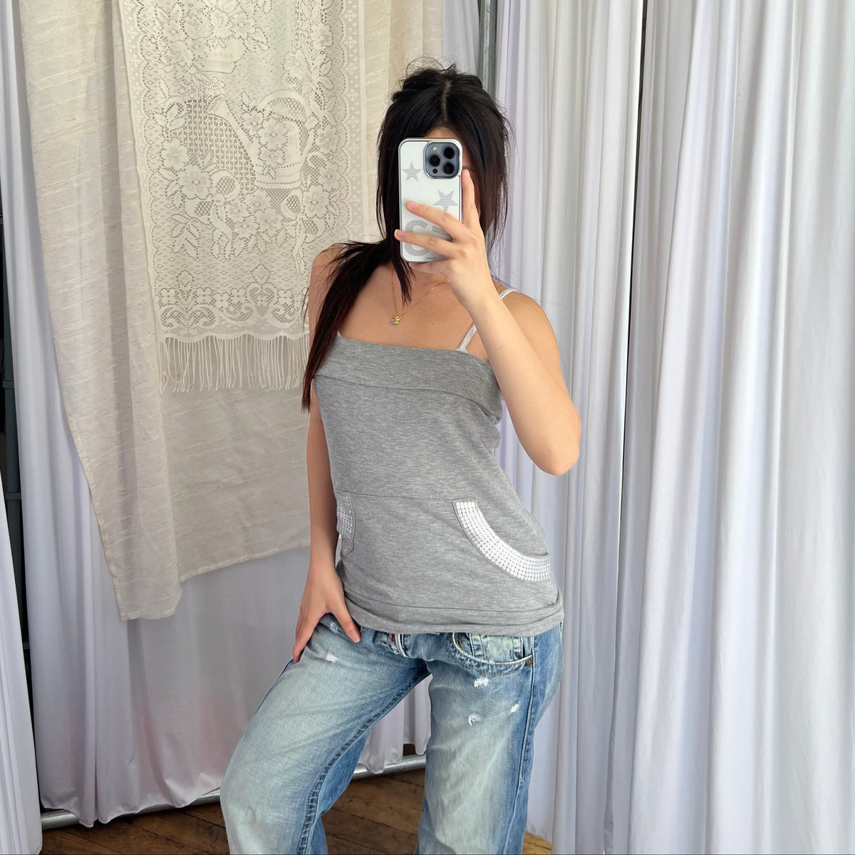 Motivi Jersey Grey Sequin Pocket Bandeau Top