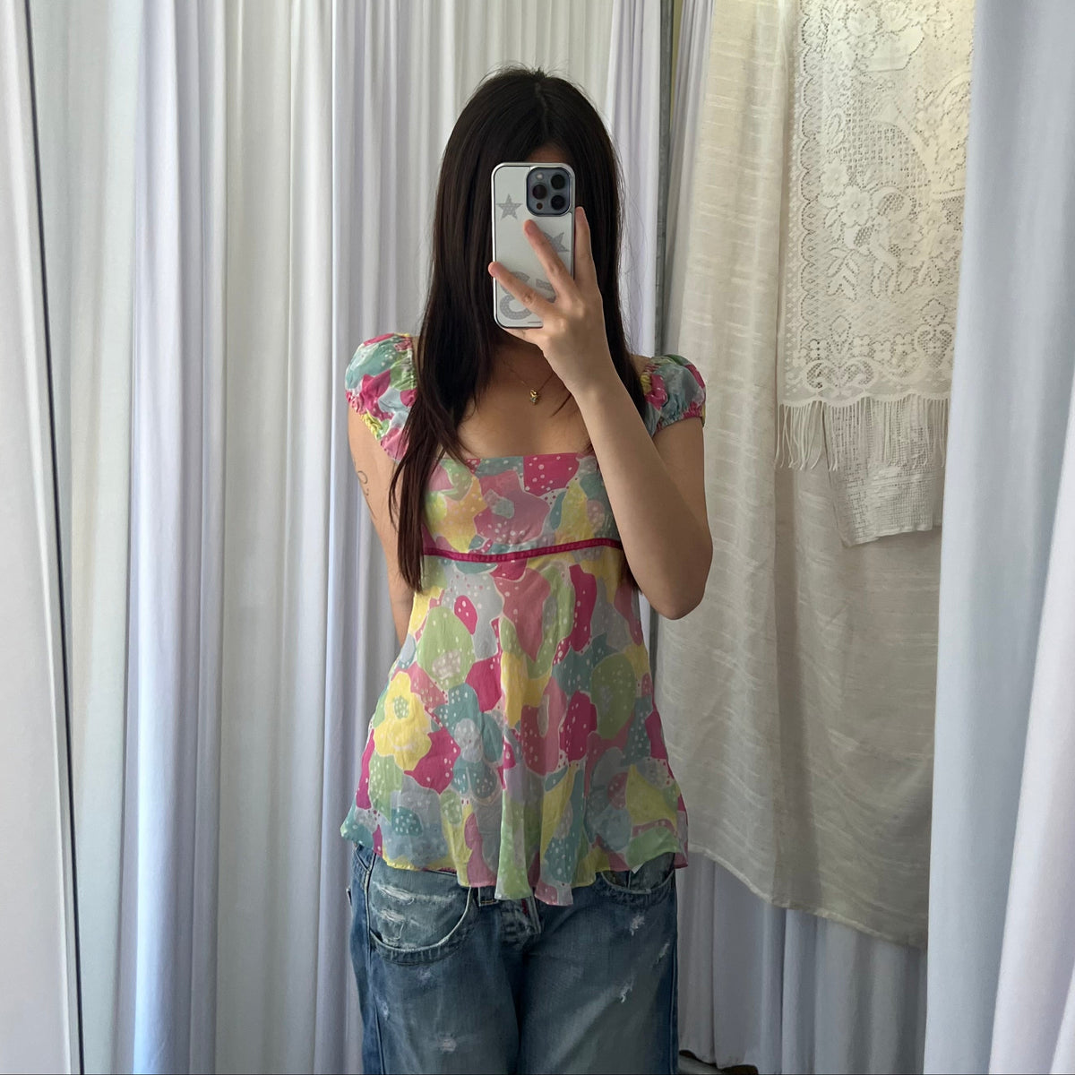 Bubblegum Jill Stuart Pink Mint Multicolour Puff Sleeve Square Neckline Babydoll Blouson