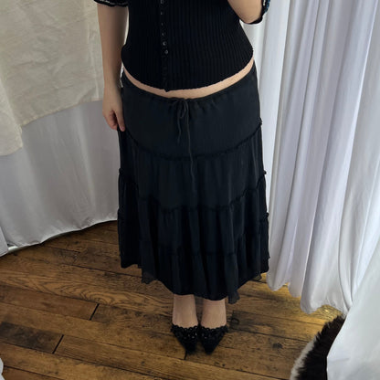 Express Black Silk Pleated Ruffle Flared Midi Skirt