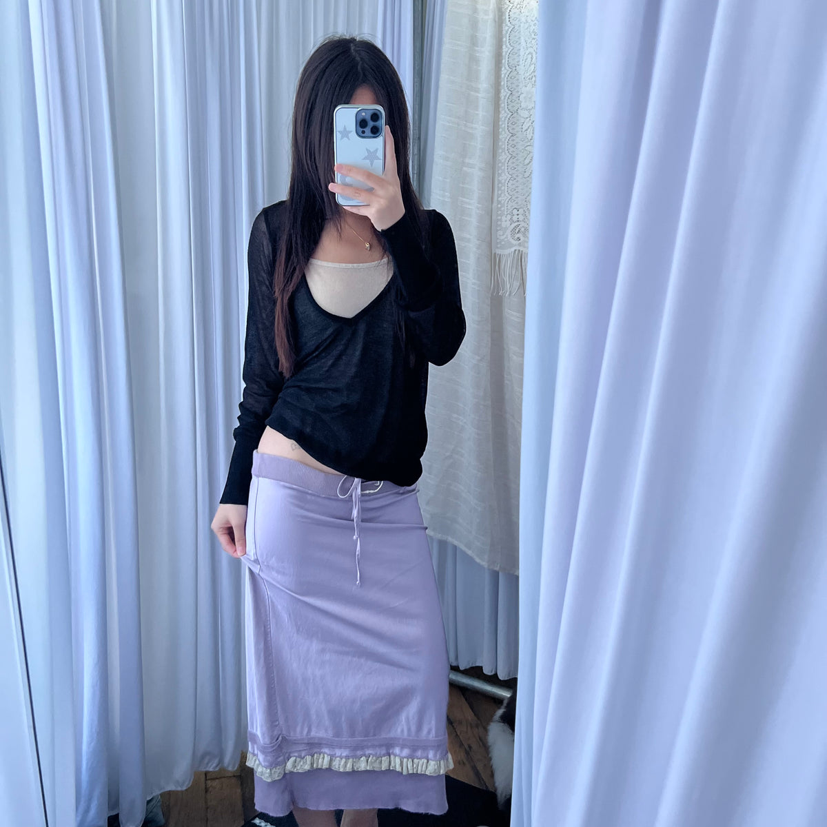 Lilac Danza Beige Frill Lace Hem Midi Skirt