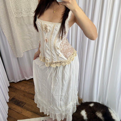 Vintage Coline Eurosummer Embroidery Lace Broderie Anglaise Hem Midi Skirt
