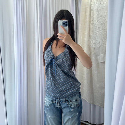 One Step Grey Blue Polka Dot Ruched Ribbon Vest