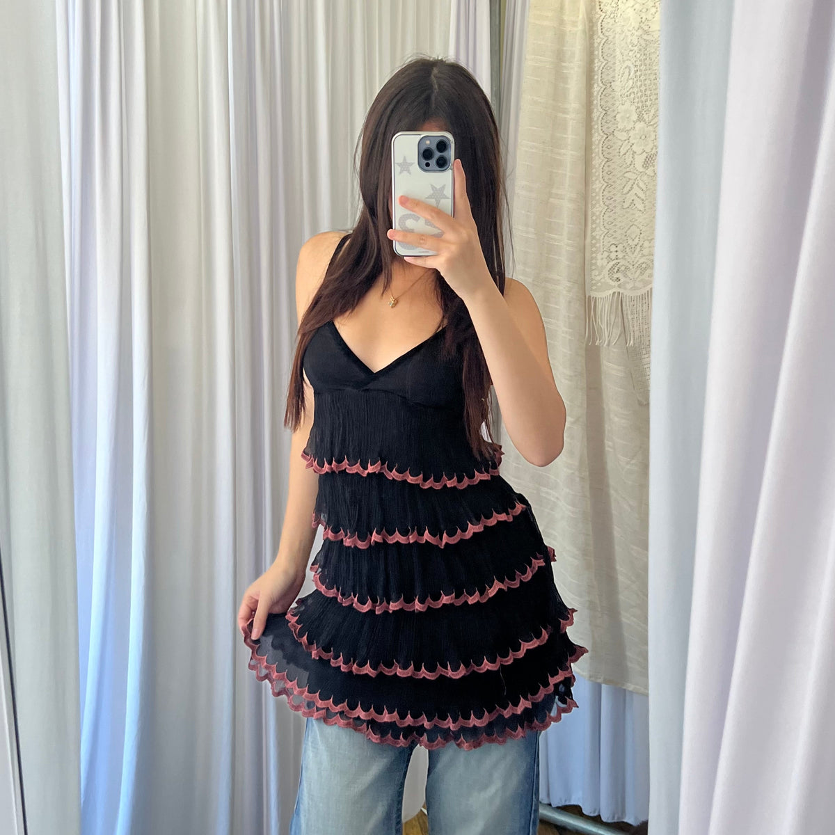 Black Silk Mauve Pink Trim Ruffle Tiered Mini Dress
