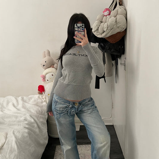 dkny light grey long sleeve ribbed hem long sleeve knit top