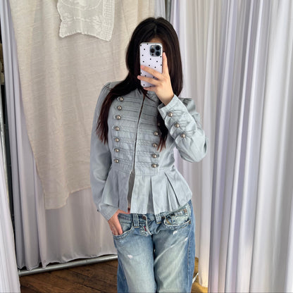 Turquoise Bonprix Military Mandarin Collar Long Sleeve Pleated Flared Hem Jacket