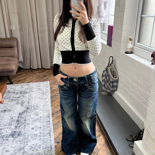 red pepper medium wash denim low mid rise distressed star wide leg trousers