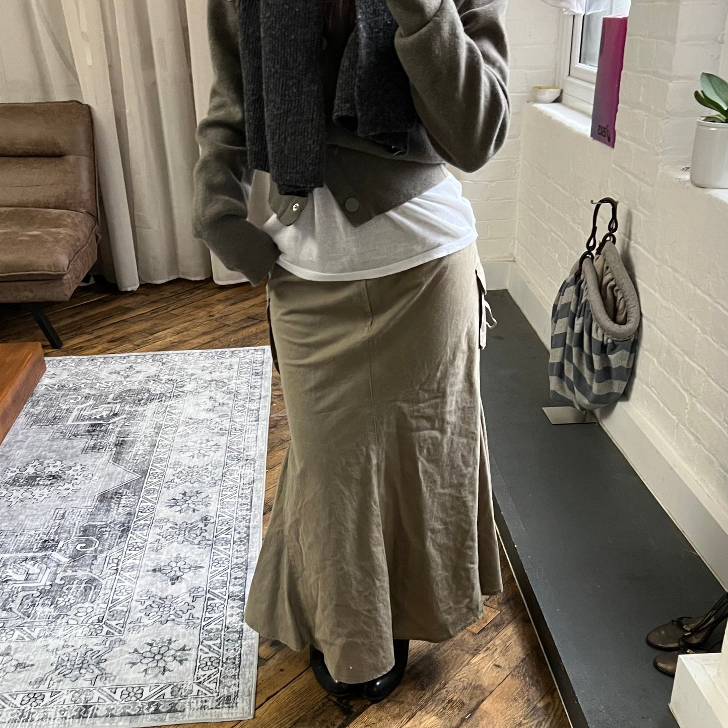 khaki beige cargo utility maxi flared skirt