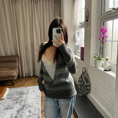 vintage creeks mohair blend grey green striped open wrap long sleeve hooded cardigan