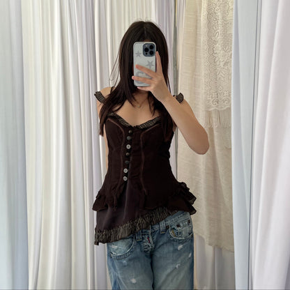 Rinascimento Brown Asymmetric Layered Striped Mix Button Camisole