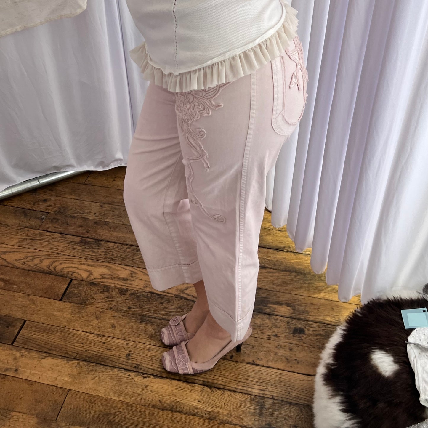Cop Copine Light Pink Low Mid Rise Wide Leg Cropped Embroidery Trousers