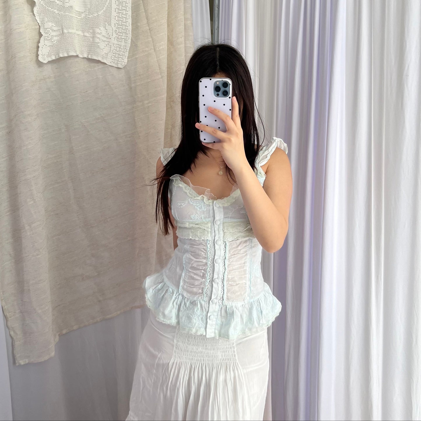 Baby Blue Angelic Frilly Lace Ruched Button Down Corset Blouson Cami