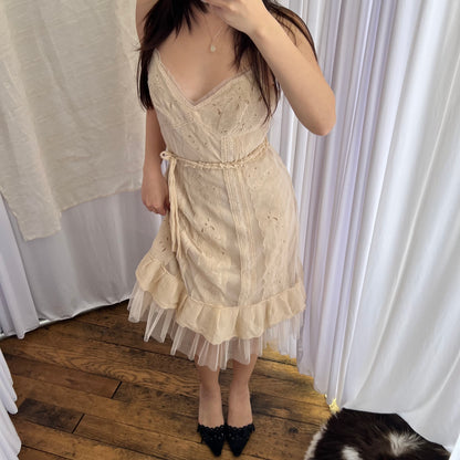 Bcbgmaxazria Beige Broderie Anglaise Cotton Flared Ruffle Hem Midi Dress