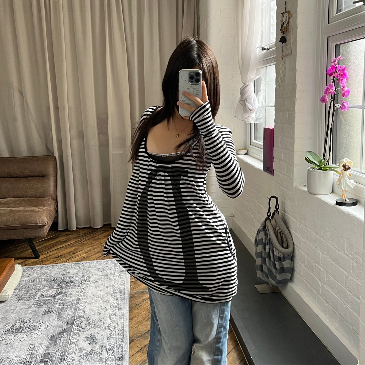 denny rose balletcore white black striped lace trim d graphic dress shirt