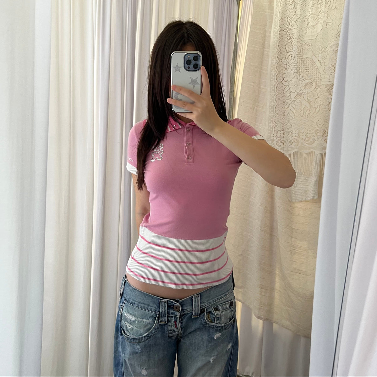 Voodoo Candy Pink Striped 1/4 Button Sporty Polo Shirt
