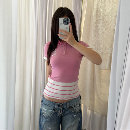 Voodoo Candy Pink Striped 1/4 Button Sporty Polo Shirt