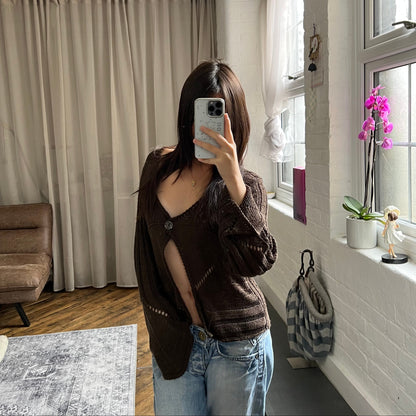 cassis brown knit slouchy long sleeve cardigan