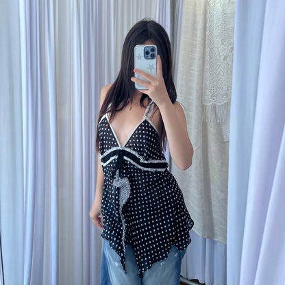 Xanaka Black White Polka Dot Ruffle Silk Blend Camisole