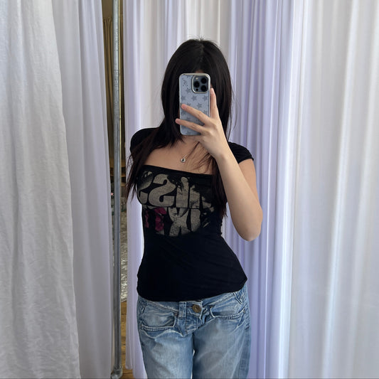 Black Miss Sixty Cap Sleeve Draped Pink Grunge Graphic Shirt