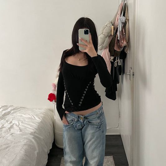 blumarine black wide neck hook and eye long sleeve graphic top